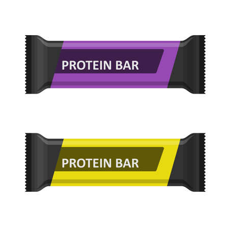 Protein bars isolated on white background, sports nutrition. Energy or nutritional bar wrapped in a flat style. Sport and fitness supplements. Protein snack food, Healthy lifestyle concept. Vectorのイラスト素材