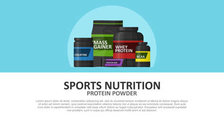 Complete sports nutrition banner with place for text. Nutritional supplements whey protein product brand. Fitness and healthy lifestyle concept. Vector illustrationのイラスト素材