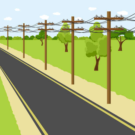 Empty countryside road with electricity pole along the way. Utility pole Electricity concept. High voltage wires. Landscape vector illustrationのイラスト素材