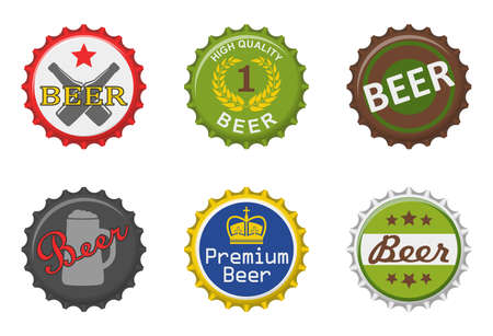 Colorful bottle beer caps set isolated on white background. Labels in the form of bottle aluminum caps, Beer bottle tops icon. Vector illustrationのイラスト素材