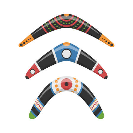Traditional wooden boomerang of different shapes icons set isolated on white background. Australian native hunting and sport weapon. Aboriginal wooden boomerangs. Vector illustrationのイラスト素材