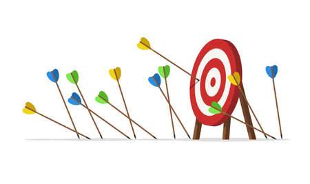 Many arrows missed their target. Several unsuccessful inaccurate attempts to hit the target of archery. Metaphor for failure in business. Fail concept, Vector illustrationのイラスト素材