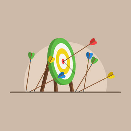 Lots arrows missed hitting target mark and only one hits the center. Failed inaccurate attempts to...