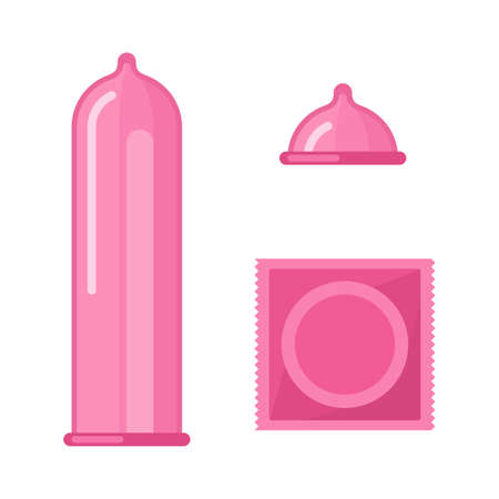 Condom and packages icon set isolated on white background. Sealed and open latex condoms, Contraception method for safe sex. Sexual protection vector illustrationのイラスト素材