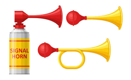 Signal horn set isolated on white background. Air horn, sound signal. Rubber bike klaxon trumpet. Vector illustrationのイラスト素材