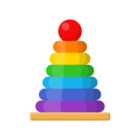 Children pyramid toy icon isolated on white background. Baby ring pyramid, rainbow colored circles sign. Single toddler training educational toy. Fine motor developmen. Vector illustrationのイラスト素材