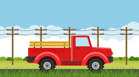 Pickup truck driving on a countryside during summer season. Retro farming vehicles for transportation and hauling production. Car, rural road and electric poles. Vector illustrationのイラスト素材