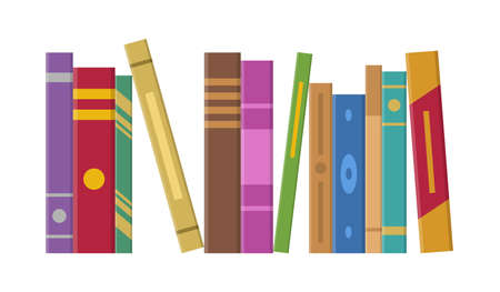 Vertical standing stack of books isolated on white background. Book spine design, school books pile. Education book heap. Bookstore shelf, library bookshelf. Science literature. Vector illustrationのイラスト素材