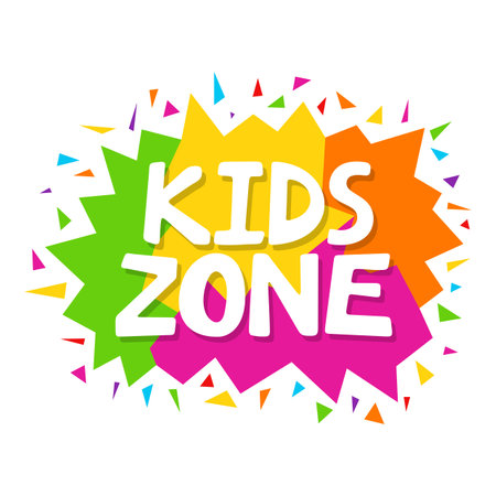 Cartoon colorful logo Kids Zone isolated on white background. Bright multicolored letters to children playroom or area decorating. Inscription of baby playground. Place for fun and play. Vectorのイラスト素材