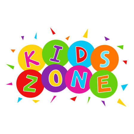 Cartoon colorful logo Kids Zone isolated on white background. Bright multicolored letters to children playroom or area decorating. Inscription of baby playground. Place for fun and play. Vectorのイラスト素材