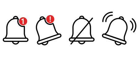 Notification bell icon set isolated on white. Black ringing bell with new notification for social media reminder. Sign for alarm clock and smartphone application alert or new message. Vectorのイラスト素材
