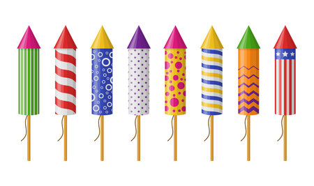 Set of firework rockets isolated on white background. Collection of firecracker for party. Pyrotechnic colorful icon set. Vector illustrationのイラスト素材