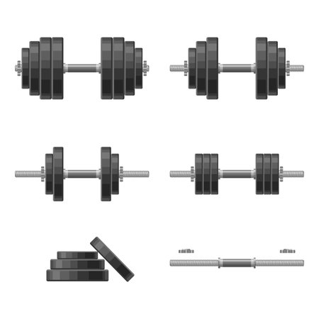 Dumbbell with removable disks different weights set isolated on white background. Weightlifting equipment, Bodybuilding, gym, crossfit, workout, fitness club symbol. Sport vector illustrationのイラスト素材