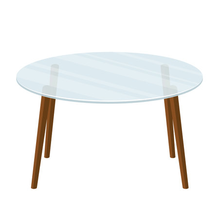 Empty glass round office table on wooden legs isolated on white background. Modern transparent coffee table icon. Furniture for interior. Vector illustrationのイラスト素材