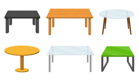 Different tables set isolated on white background. Tables furniture of wood, glass, metal and plastic for room or interior. Coffee tables vector illustrationのイラスト素材