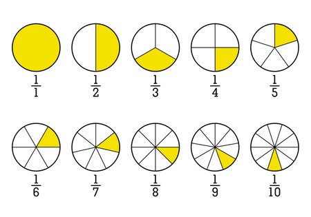 Fraction pie divided into slices. Segmented circles set. Wheel round diagram part set. Segment infographic. Info chart. Mathematic sign. Business set. Vector illustrationのイラスト素材