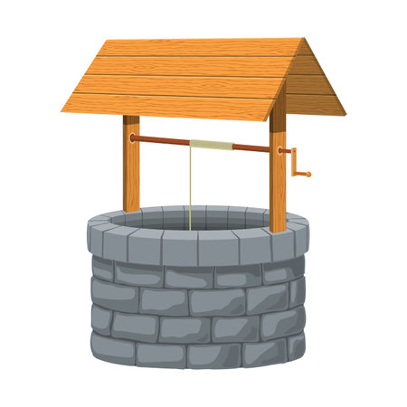 Old village stone water well with wooden roof isolated on white background. Rustic stone protective cover old traditional drinking water lift must have in city and village since ancient times. Vectorのイラスト素材