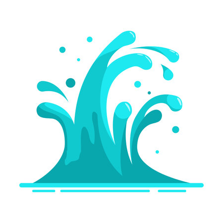 Water splash in the flat cartoon style isolated on white background. Blue water motion effects, flows, streams, spills. Falling aqua drops. Vector illustrationのイラスト素材