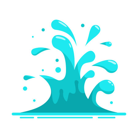 Water splash in the flat cartoon style isolated on white background. Blue water motion effects, flows, streams, spills. Falling aqua drops. Vector illustrationのイラスト素材