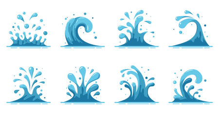 Splashes and sprinkles of water set isolated on white background. Blue water motion effects, flows, streams, spills. Falling aqua drops. Sea or ocean waves and swirl. Vector illustrationのイラスト素材