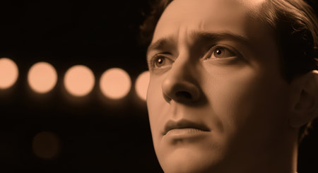 Pensive caucasian male in sepia-toned light with emotive expressionの素材