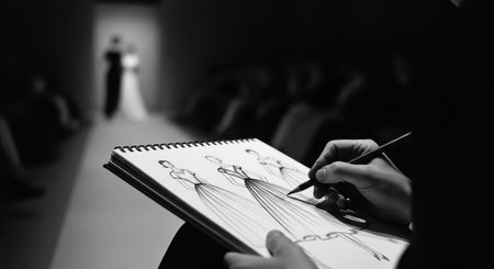 Fashion designer sketching models at runway showの素材