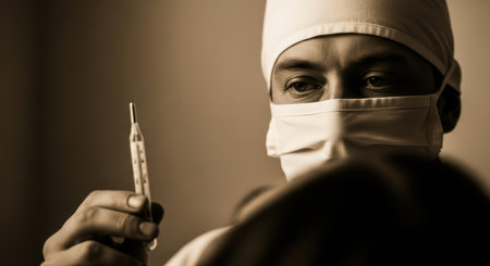 Male adult caucasian doctor examines thermometer in medical settingの素材