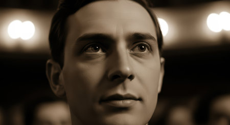 Young caucasian male at theater, focused expression, dramatic lightingの素材