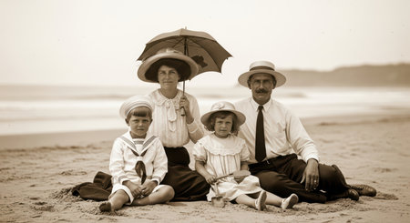 Vintage family beach portrait with caucasian adults and children in early 1900s attireの素材