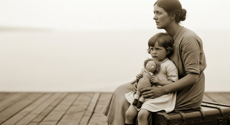 Caucasian woman and child sitting on suitcase by lakeside pier in vintage-style sceneの素材