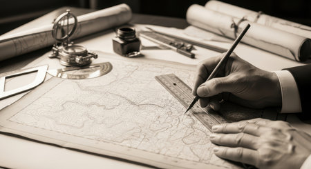 Caucasian male engineer drafting topographic map with compass and toolsの素材