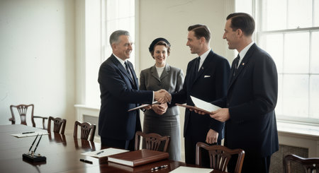 Caucasian male and female adults in formal business meeting shaking handsの素材