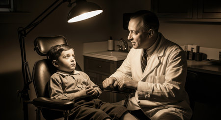 Male caucasian adult doctor comforting male caucasian child in vintage medical officeの素材