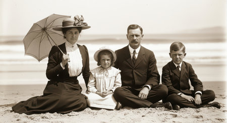 Caucasian family in edwardian beach attire with umbrella enjoying a seaside outingの素材