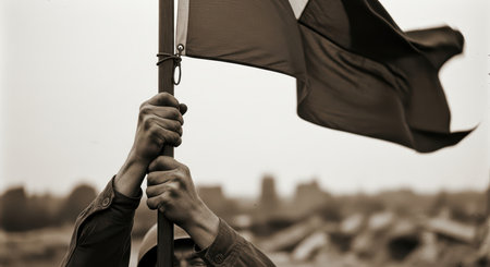 Determined soldier holding flag in windy battlefield vintage sepiaの素材
