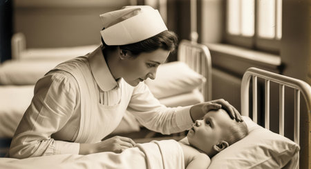 Young female nurse caring for caucasian child in hospital settingの素材