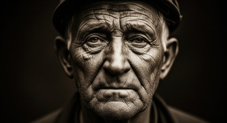 Elderly caucasian male with deep wrinkles wearing cap in thoughtful expressionの素材