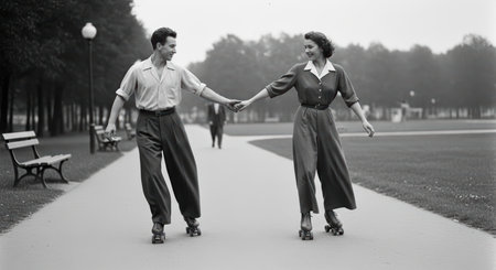Young caucasian couple roller skating in park holding hands, 1950s styleの素材