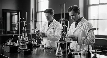 Young caucasian male scientists conducting chemistry experiments in vintage laboratory settingの素材