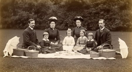 Victorian era family picnic with caucasian adults and children in traditional attireの素材