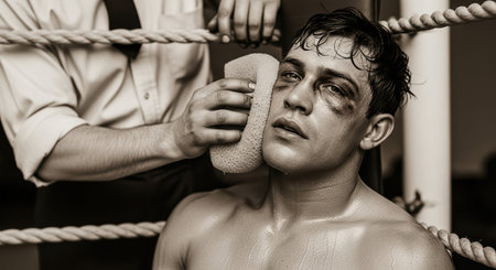 Exhausted young caucasian male boxer with black eye resting in boxing ringの素材