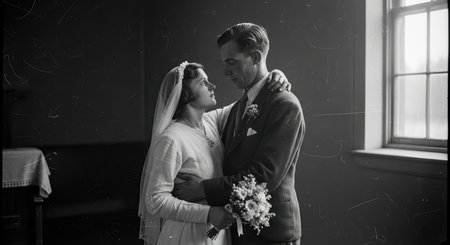 Vintage wedding portrait of caucasian young couple, bride holding bouquet in churchの素材