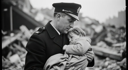 Caring officer holds child amidst rubble in post-disaster sceneの素材