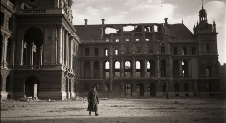 Solitary male figure in abandoned historic european building ruinsの素材