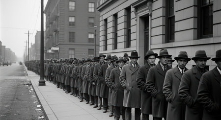 Long line of men in overcoats and hats on city street during 1930s great depressionの素材
