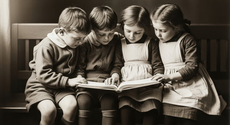 Vintage scene of caucasian children reading together in sepia toneの素材
