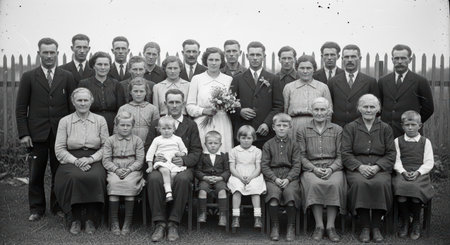Large caucasian family group portrait with adults and children outdoorsの素材
