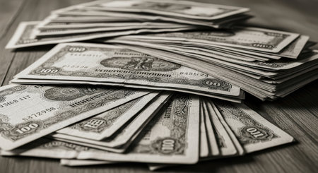 Vintage stacks of hungarian pengÅ banknotes on wooden tableの素材