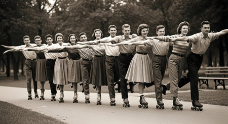 Vintage caucasian young adults roller skating in park with joy and unityの素材