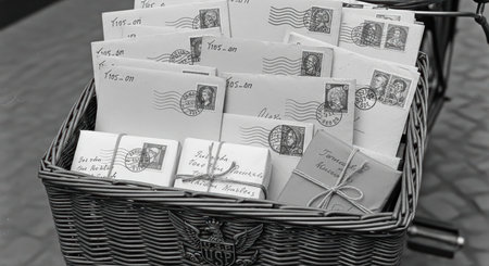 Vintage basket of mailed envelopes with stamps and postmarksの素材